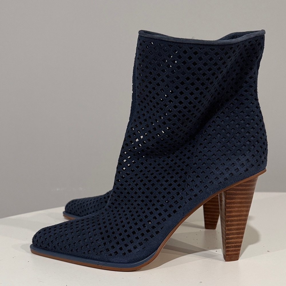 Vince Camuto Perforated Navy Heeled Boots - Picture 2 of 2